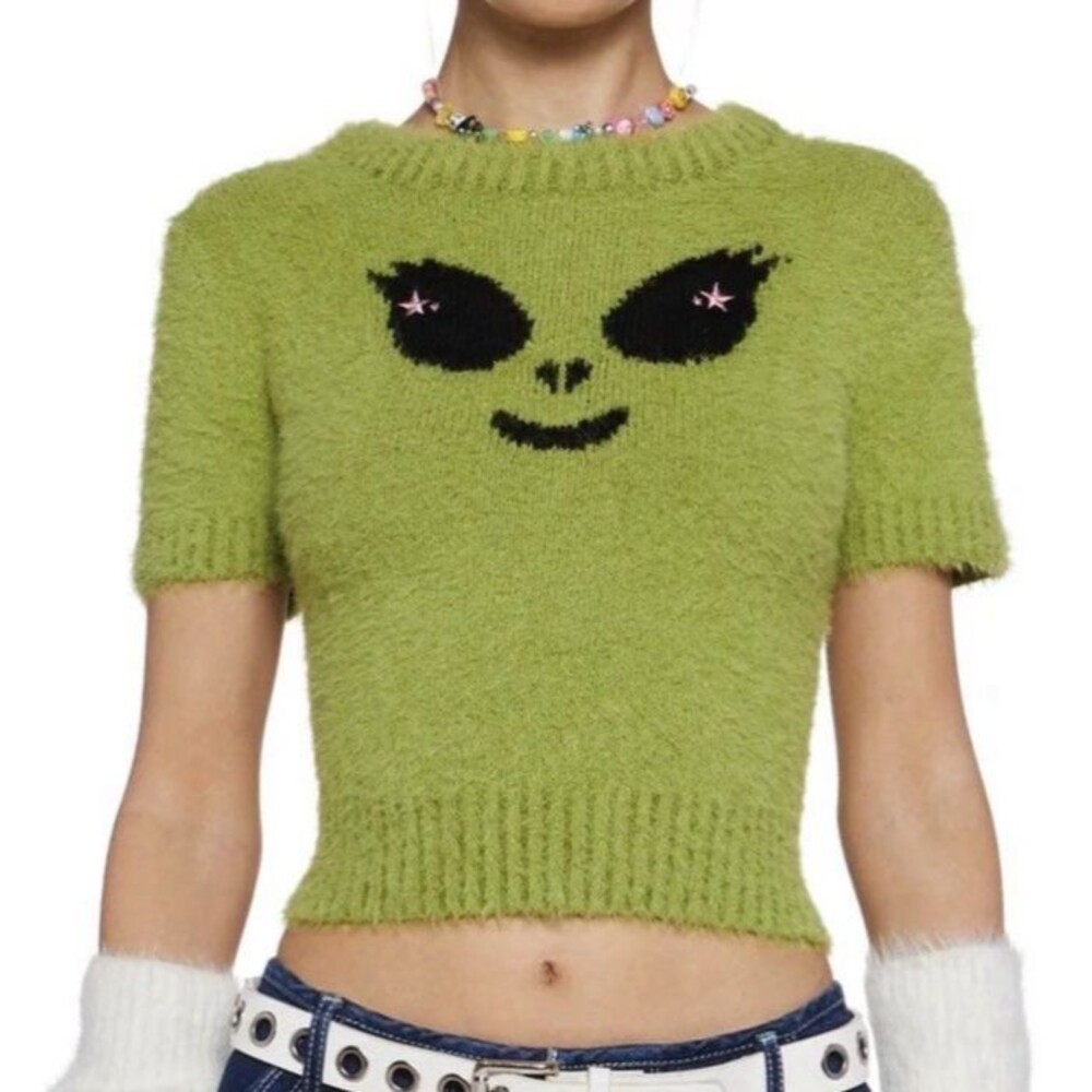 Delias By Dolls Kill Need My Space Fuzzy crop Top Alien Y2k L